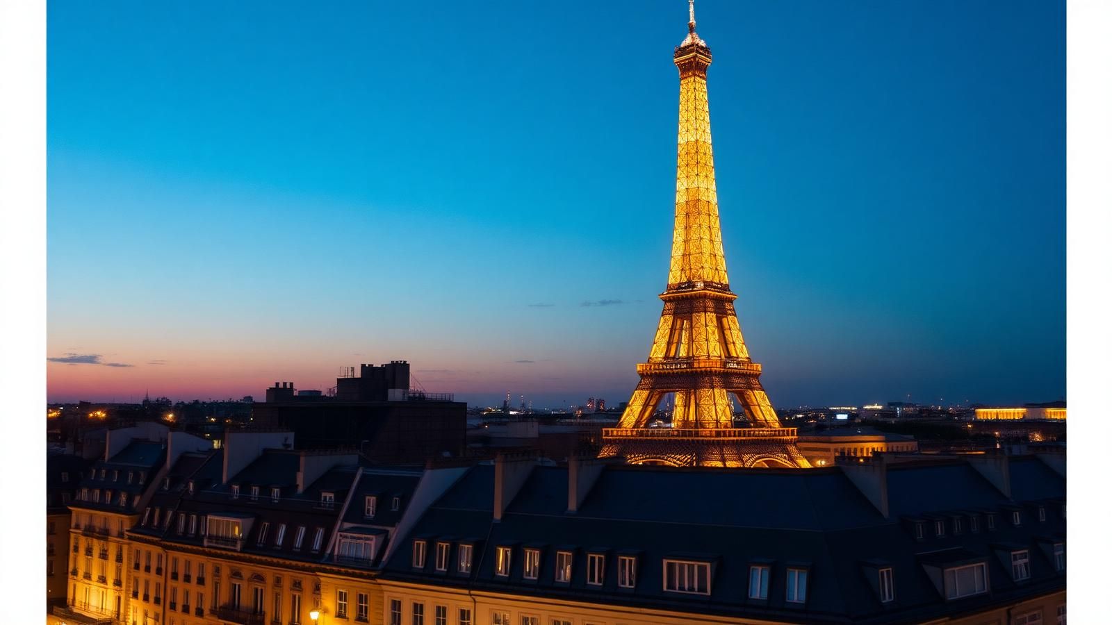 Eiffel Tower at twilight with Haussmann rooftops